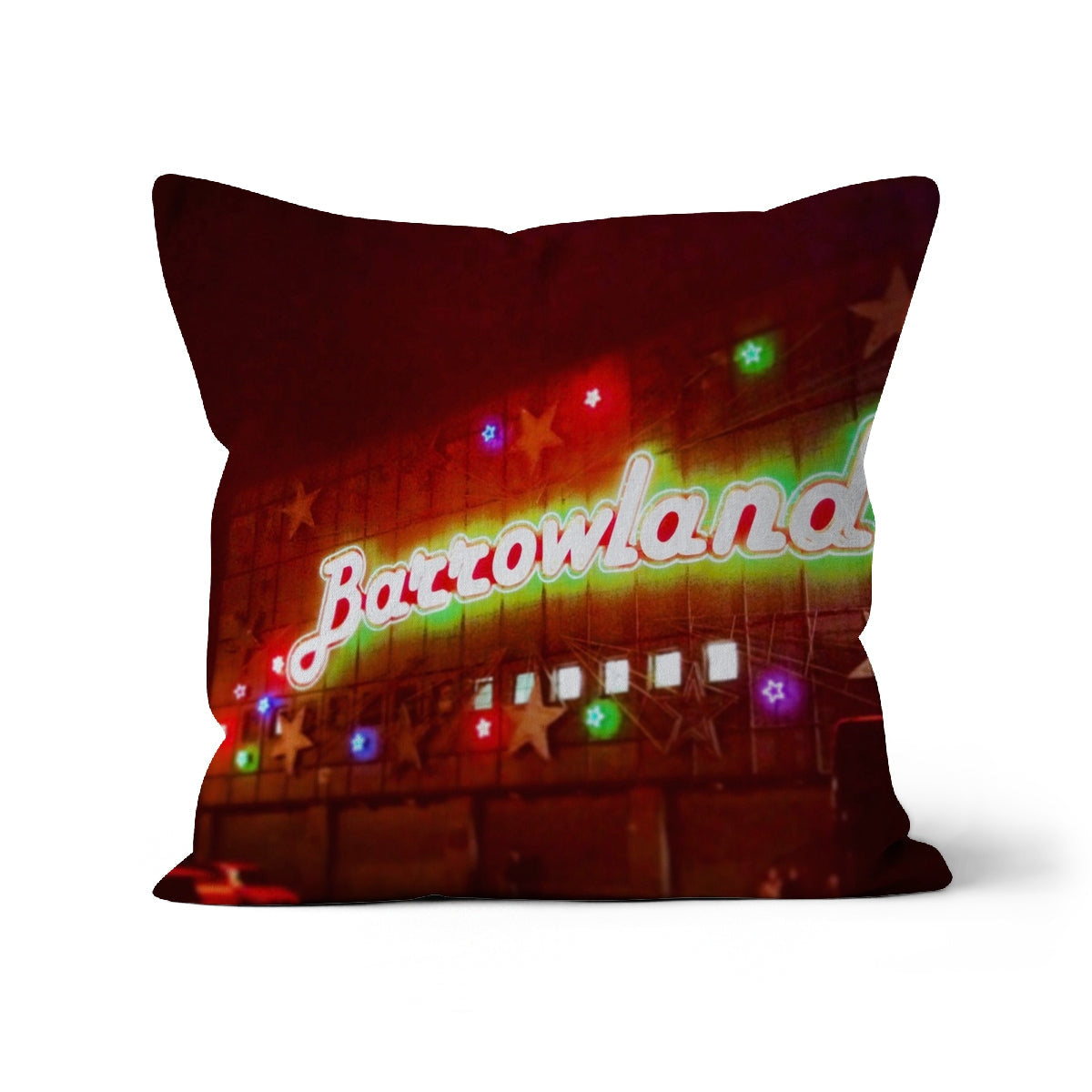 Vibrant neon Barrowland sign pillow with star lights on dark textured backdrop