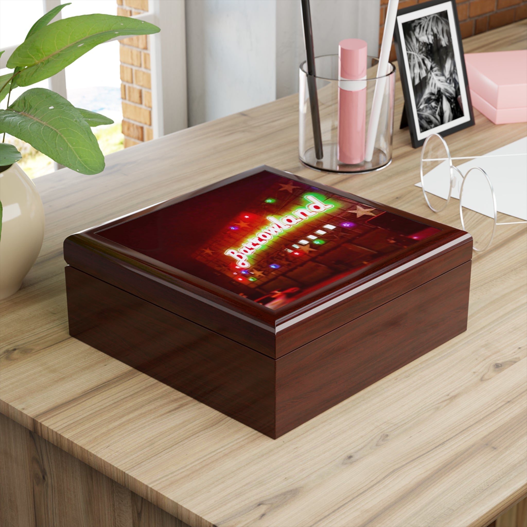 Dark wood Neon Glasgow Barrowlands jewellery box with baconland LED lid