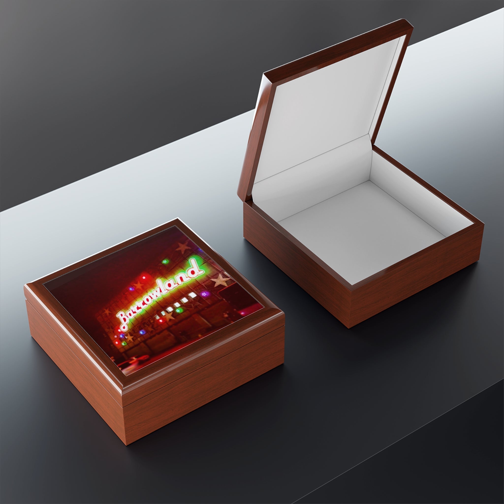 Brown wooden jewelry box with clear lid and illuminated Bataclan neon sign design