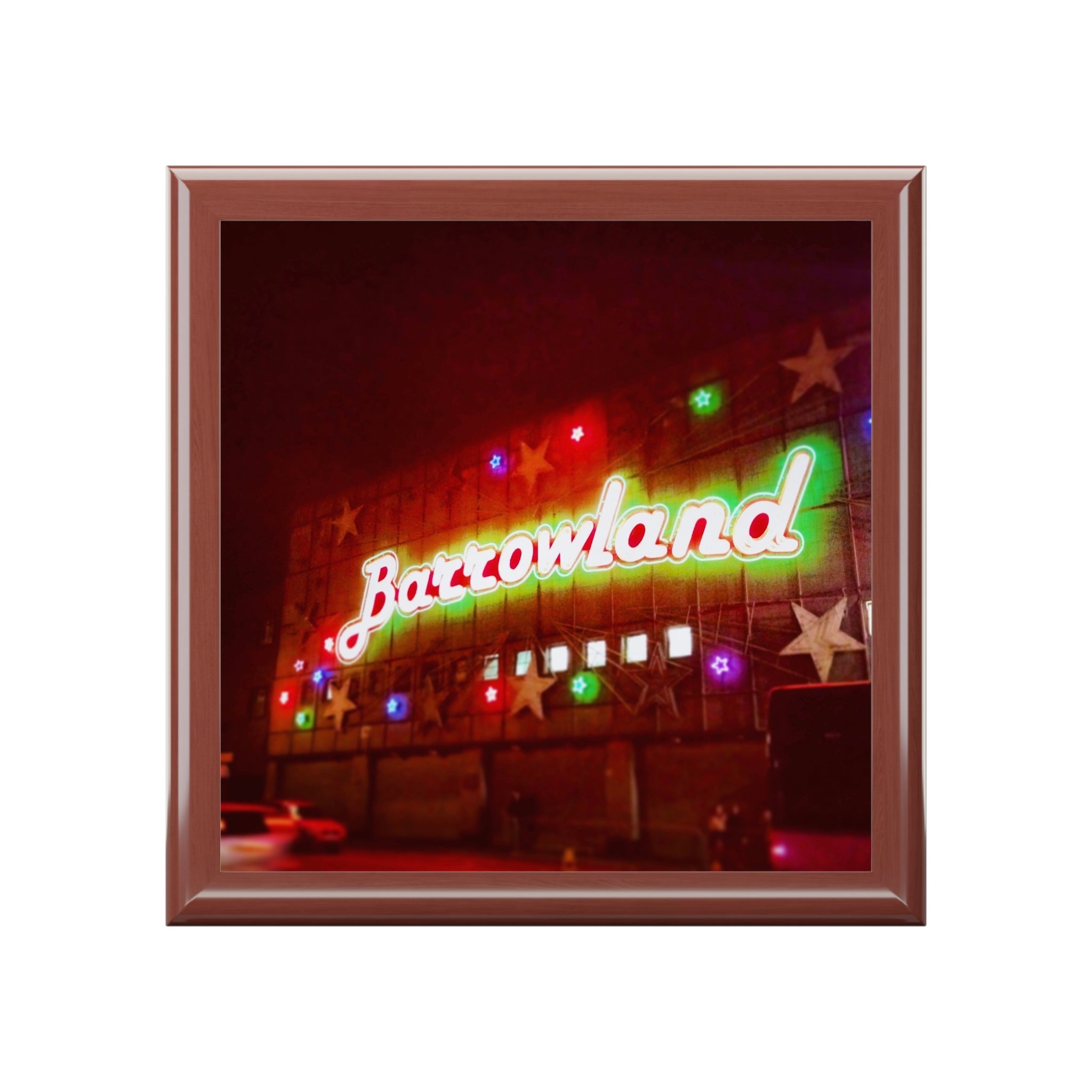 Framed neon Barrowlands sign in Glasgow jewelry box, Scotland