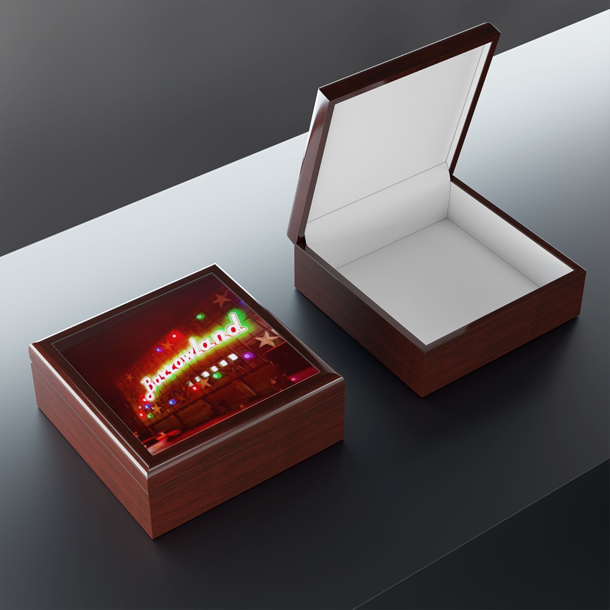 Illuminated Bazookaland neon sign in wooden jewelry box with clear top