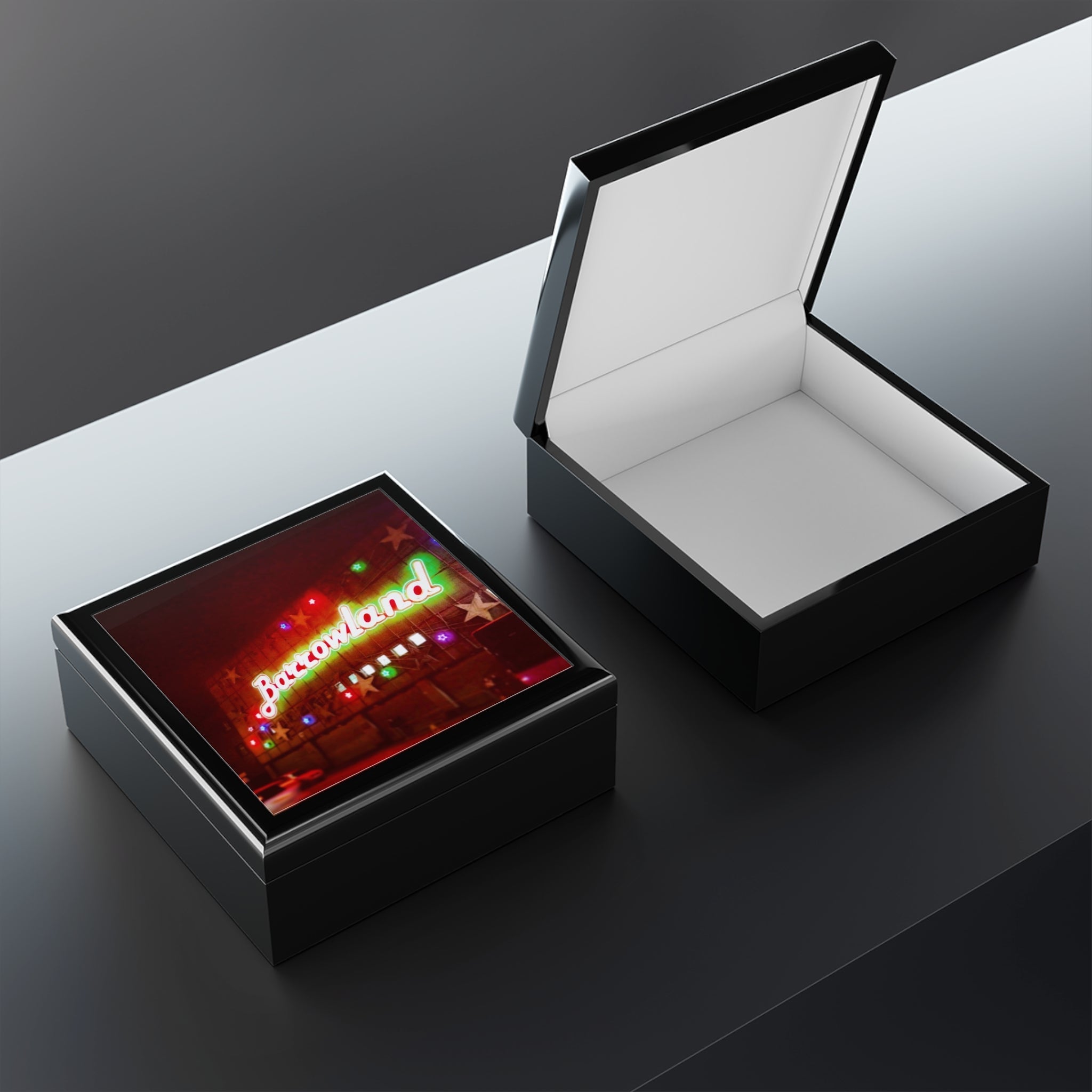 Glossy black Neon Glasgow Barrowlands jewellery box with jazzland neon lid