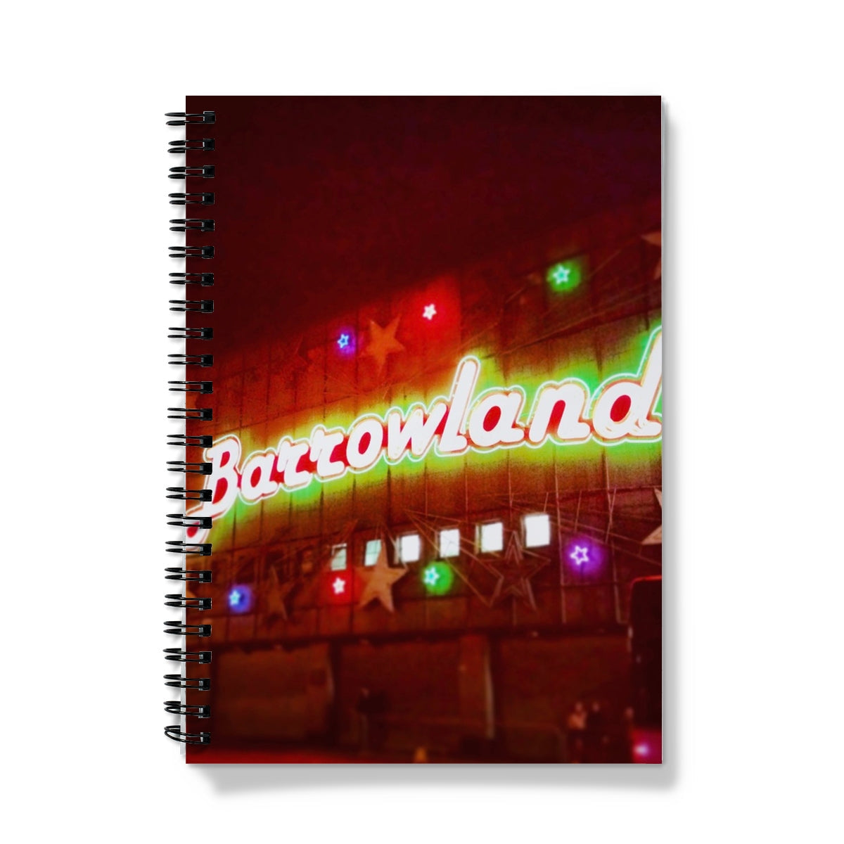 Neon-lit Glasgow Barrowlands spiral notebook with glowing star lights
