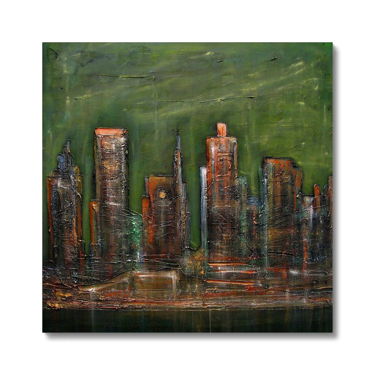 Green abstract New York cityscape canvas with skyscrapers and water reflections