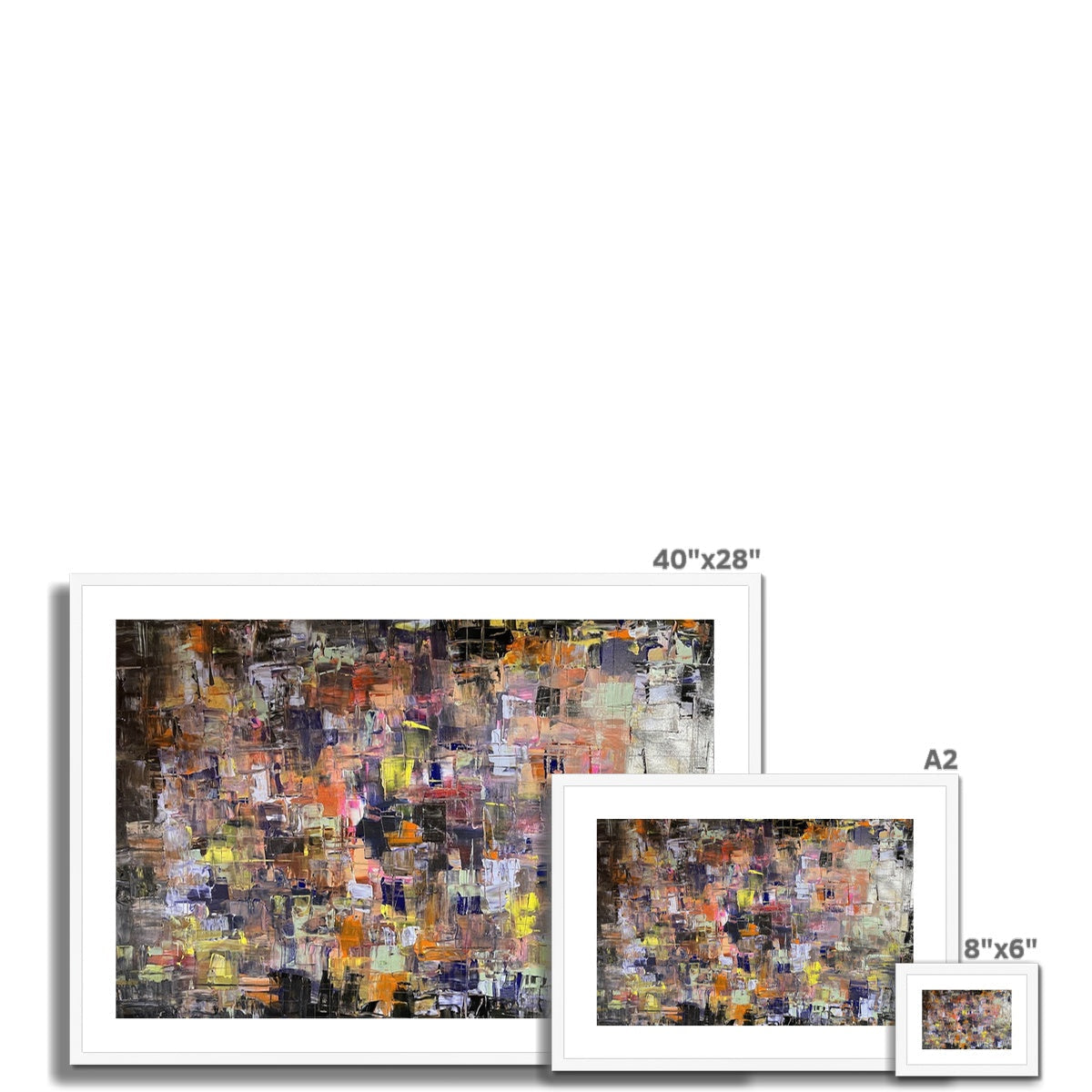 Abstract textured earth tones art print with orange yellow purple pops in white frame