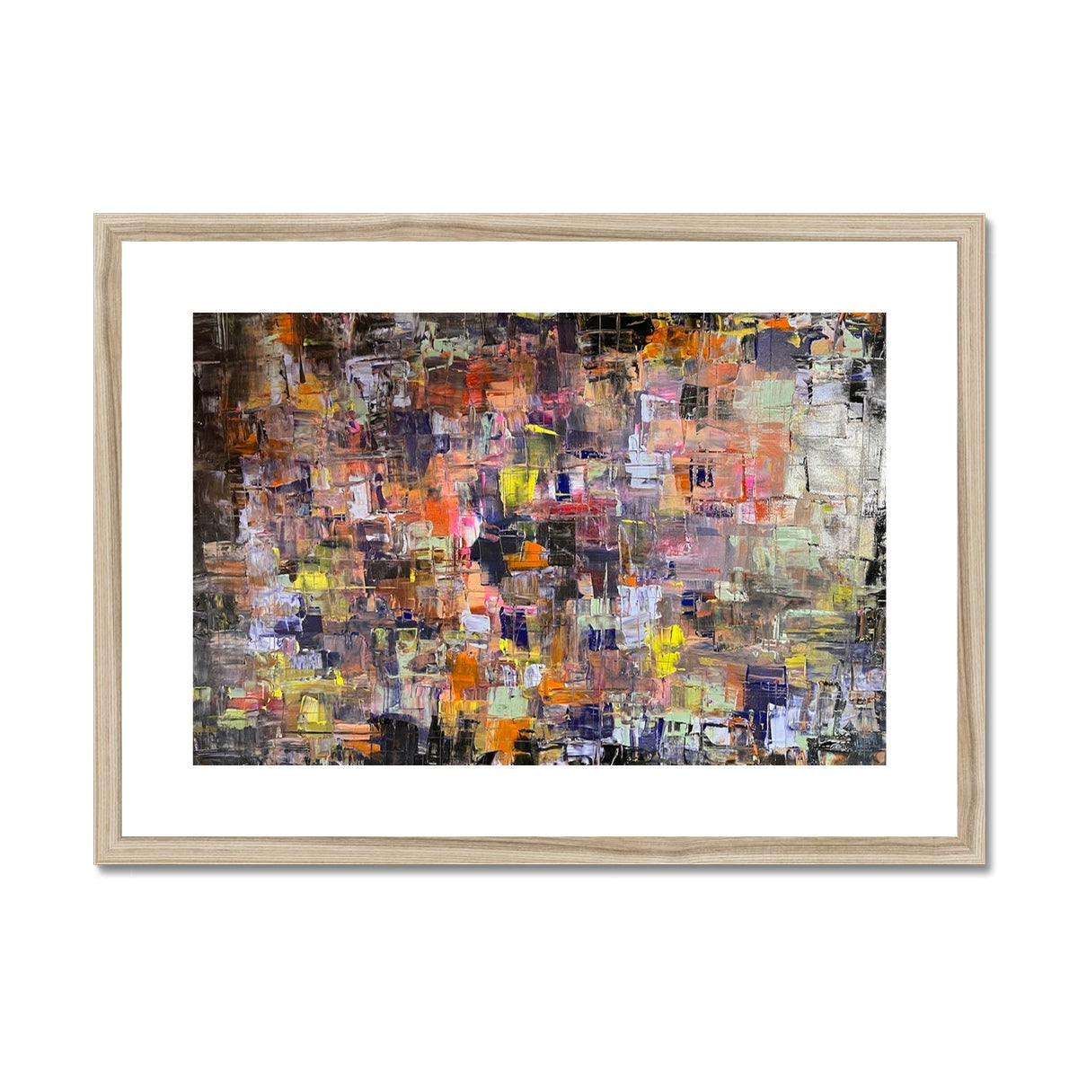 Abstract Never Enough Art Prints painting in light wood frame with vibrant textured orange yellow purple gray brushstrokes
