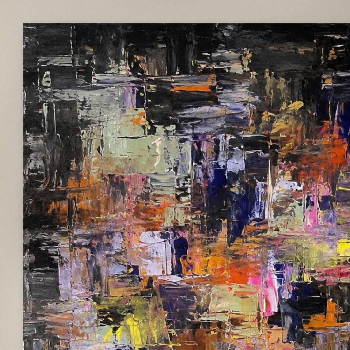 Close-up of the Never Is Enough artist proof print showing the layered palette-knife detail