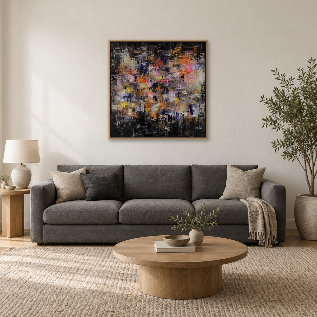 Never Is Enough 32x32 inch canvas print in a natural floating frame above a sofa, shown to scale
