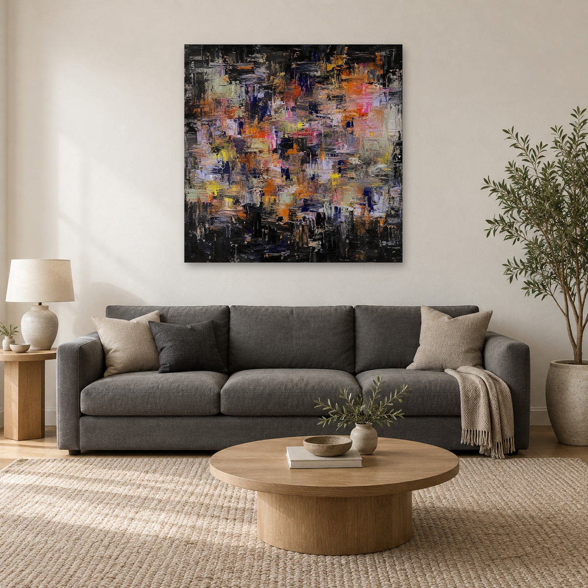 Never Is Enough 40x40 inch original abstract painting hanging above a grey sofa in a living room, shown to scale