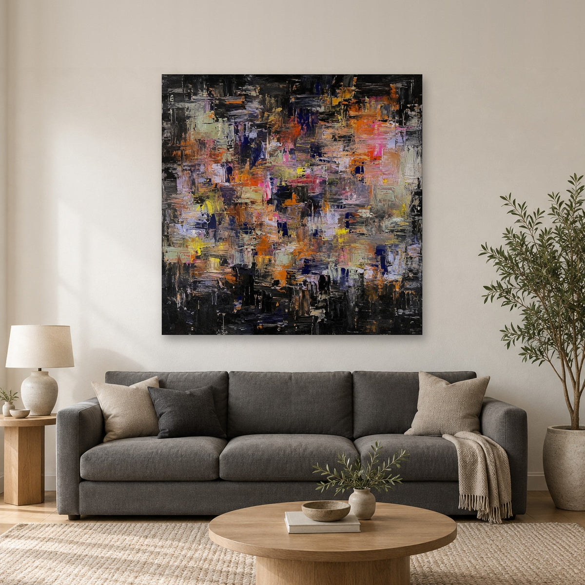 Never Is Enough 48x48 inch statement canvas above a grey sofa in a living room, shown to scale