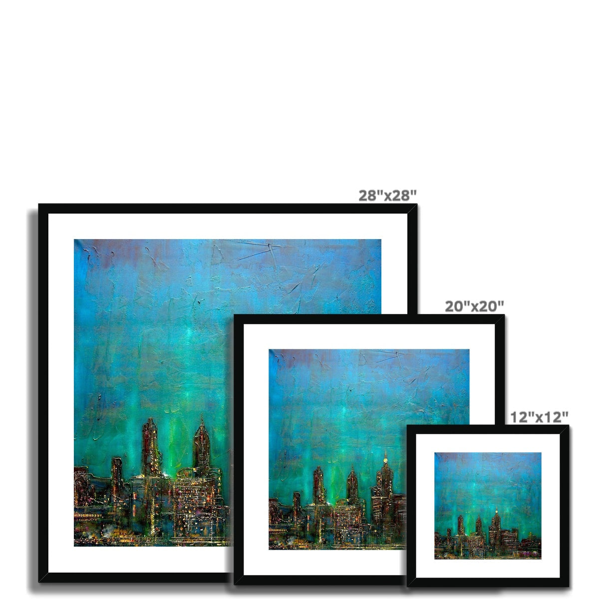 28x28 Framed New York Nights Cityscape Print in Teal Blue Black