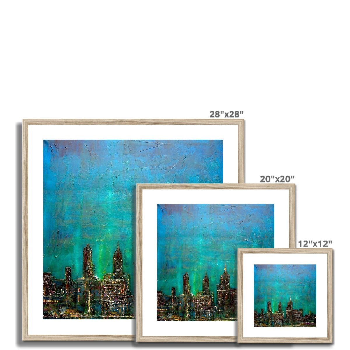 28x28 Framed New York Nights Cityscape Print in Teal Green Gold