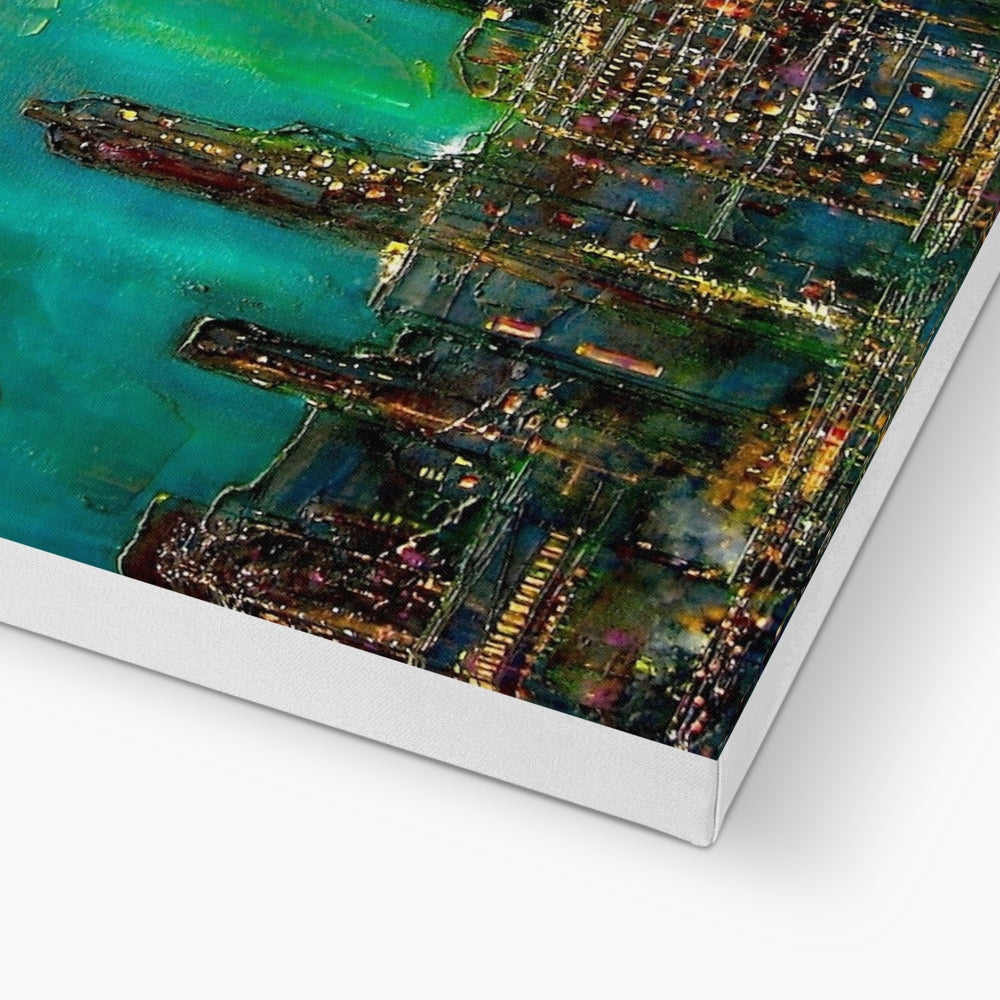 New York Nights canvas print of illuminated cityscape at night with water reflections