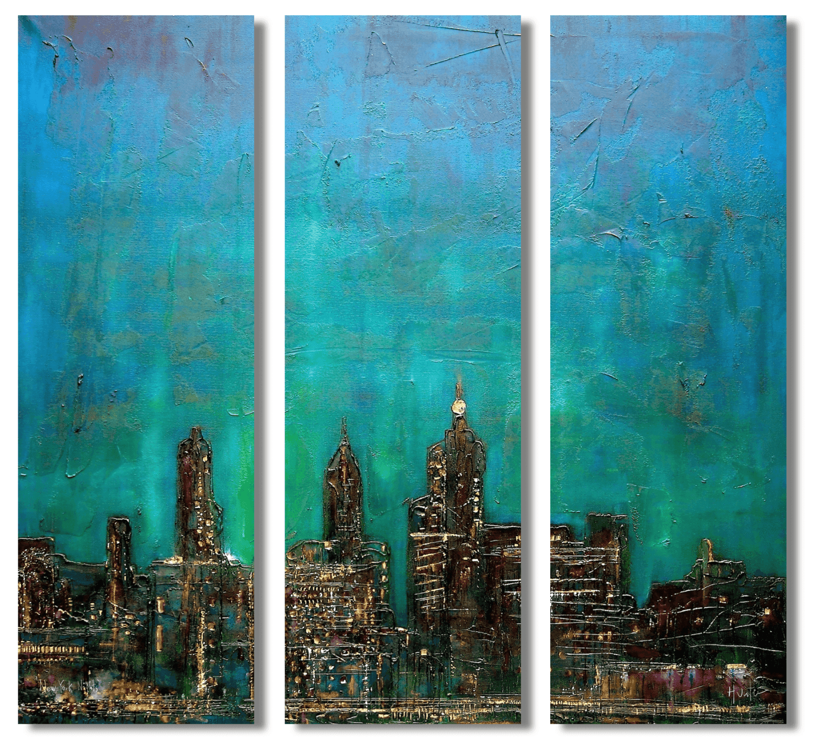 New York Nights Painting Signed Fine Art Triptych Canvas-Statement Wall Art-World Art Gallery-Paintings, Prints, Homeware, Art Gifts From Scotland By Scottish Artist Kevin Hunter