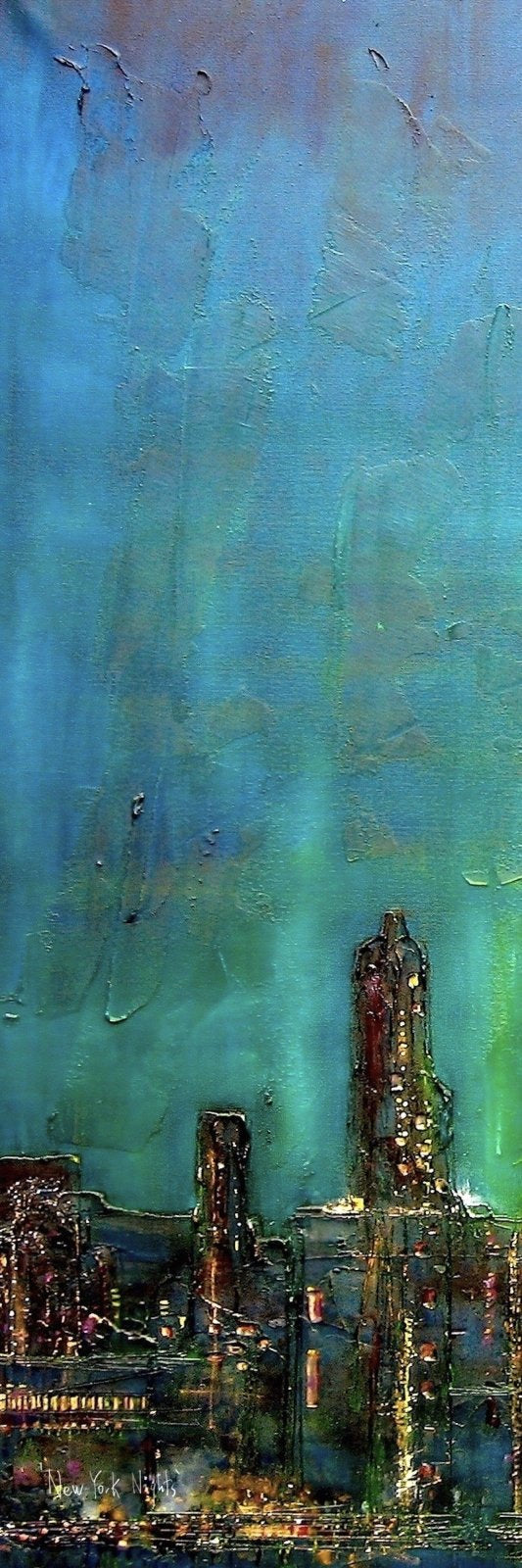 Abstract city skyline painting at night with illuminated buildings under a blue and green sky