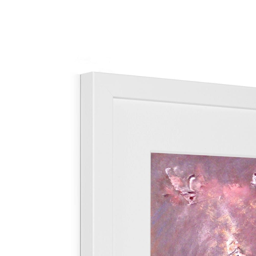 White framed New York Snow abstract art print in pink purple hues
