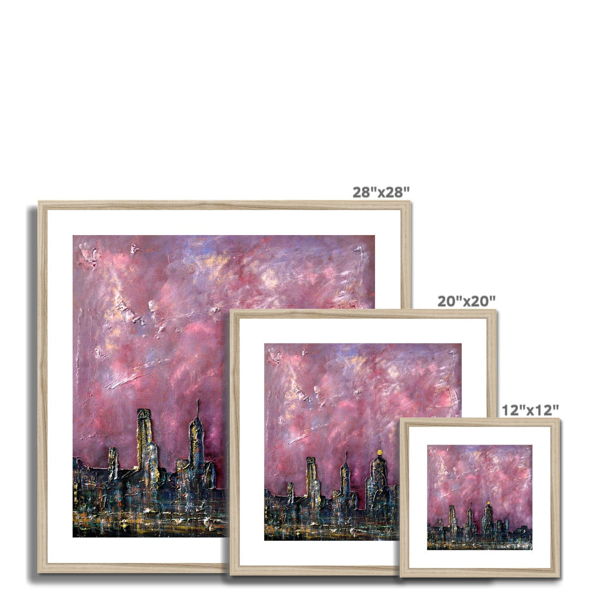 28x28 Framed New York Snow Cityscape Painting with Vibrant Pink Purple Sky