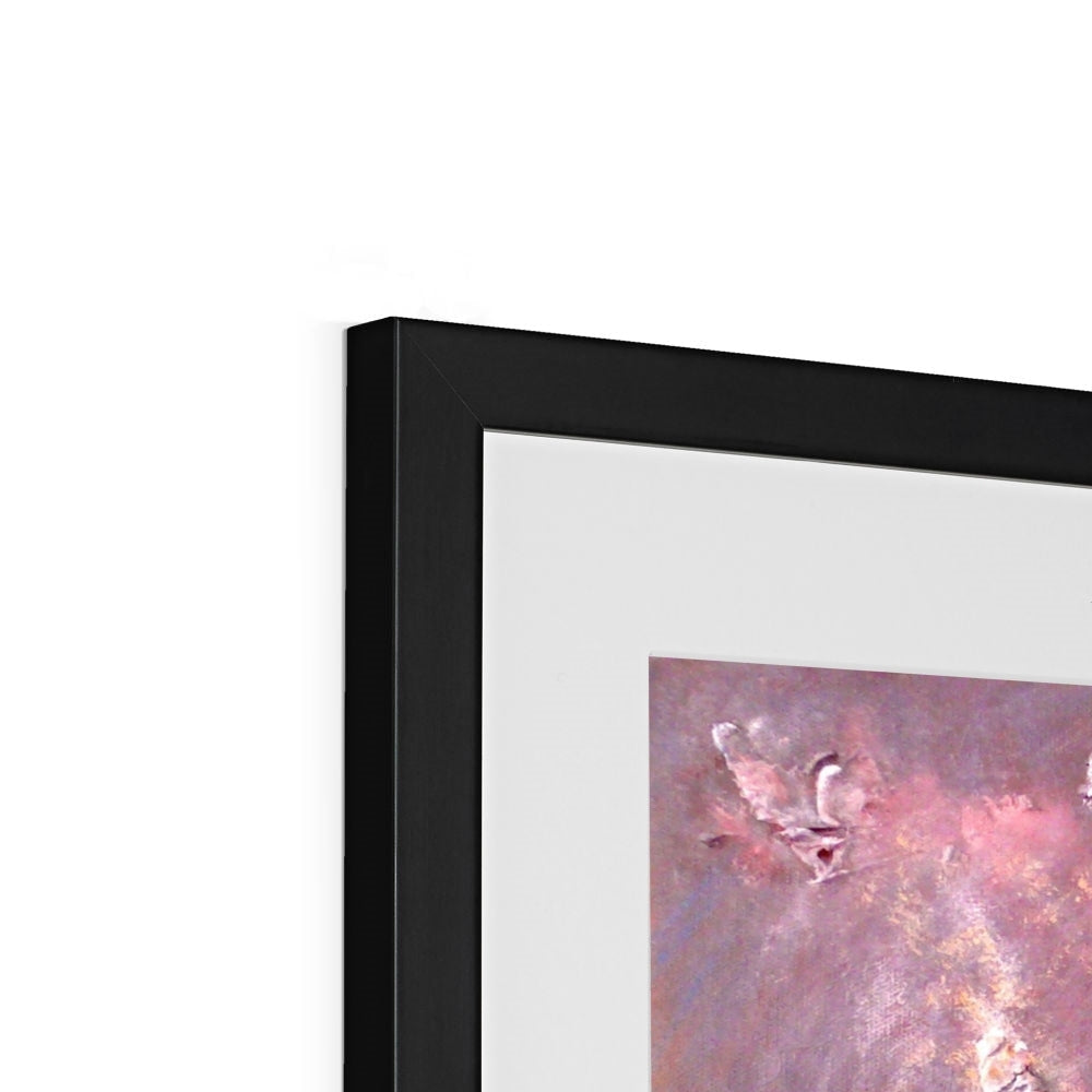 Modern black framed abstract New York Snow art print with pink gold accents