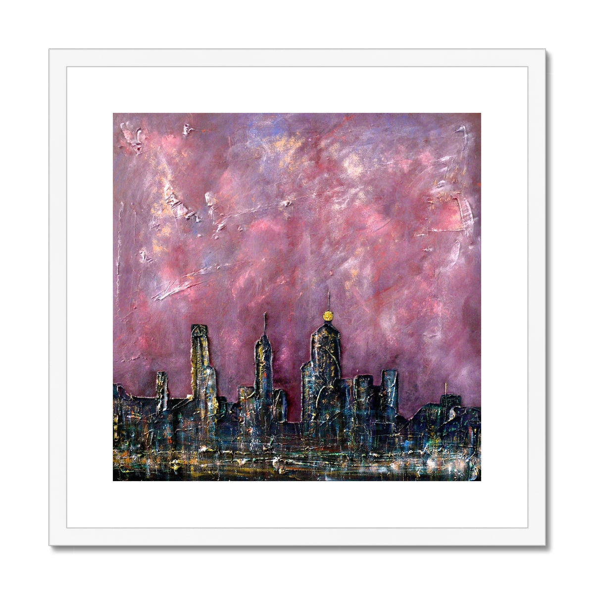 Abstract New York snow cityscape print with pink purple hues and illuminated skyscrapers