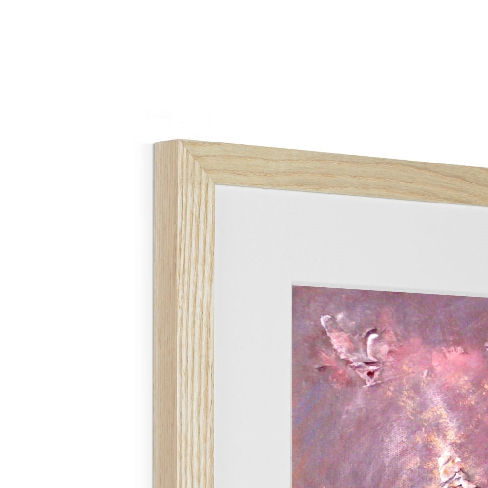 Light oak framed abstract New York Snow art print in pink purple hues