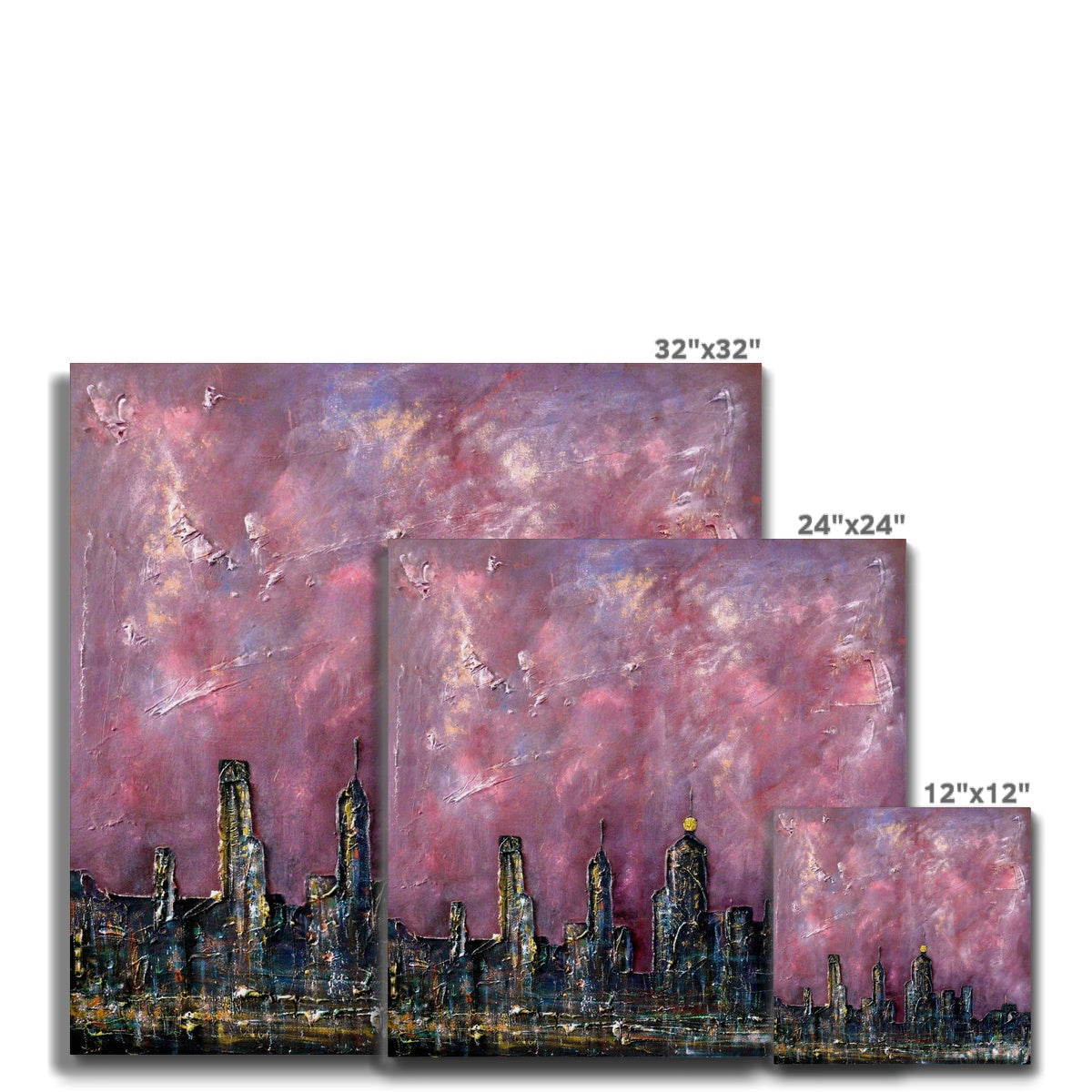 32x32 inch abstract New York Snow cityscape canvas print in pink purple hues