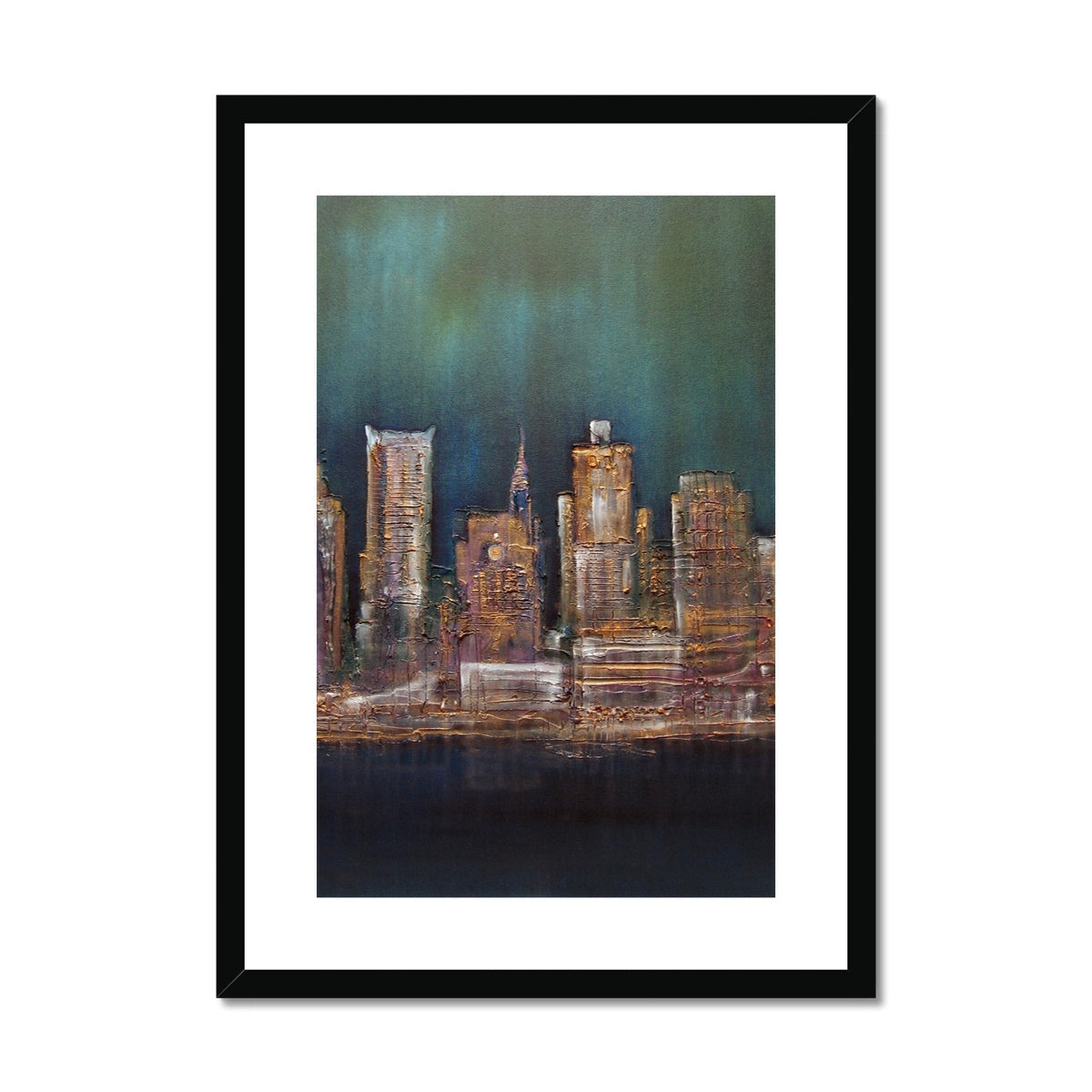 Black framed New York West Side cityscape print with teal sky and lit skyscrapers