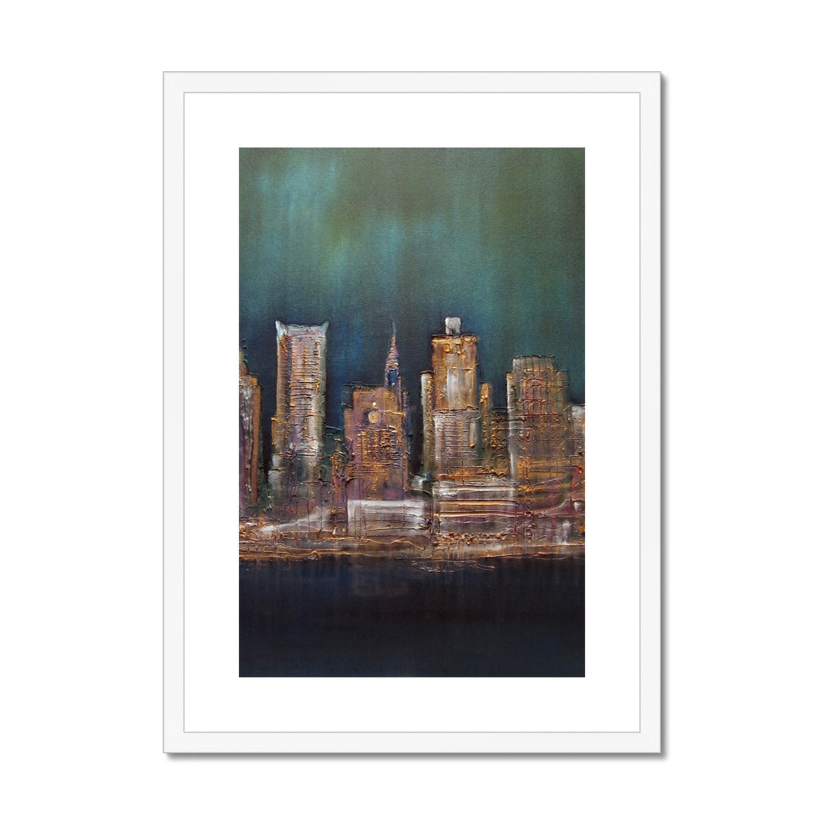White framed New York West Side cityscape art print in teal and gold