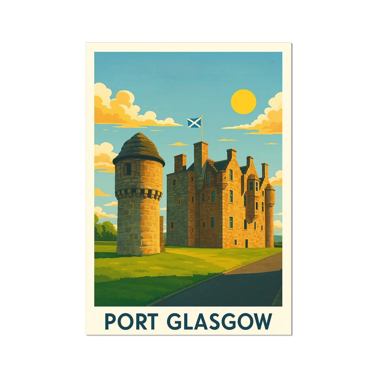 Vintage Newark Castle Port Glasgow print with yellow sun blue sky