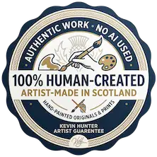Circular badge with navy blue and cream-colored design, featuring hand-painted artwork of a painter’s tools.