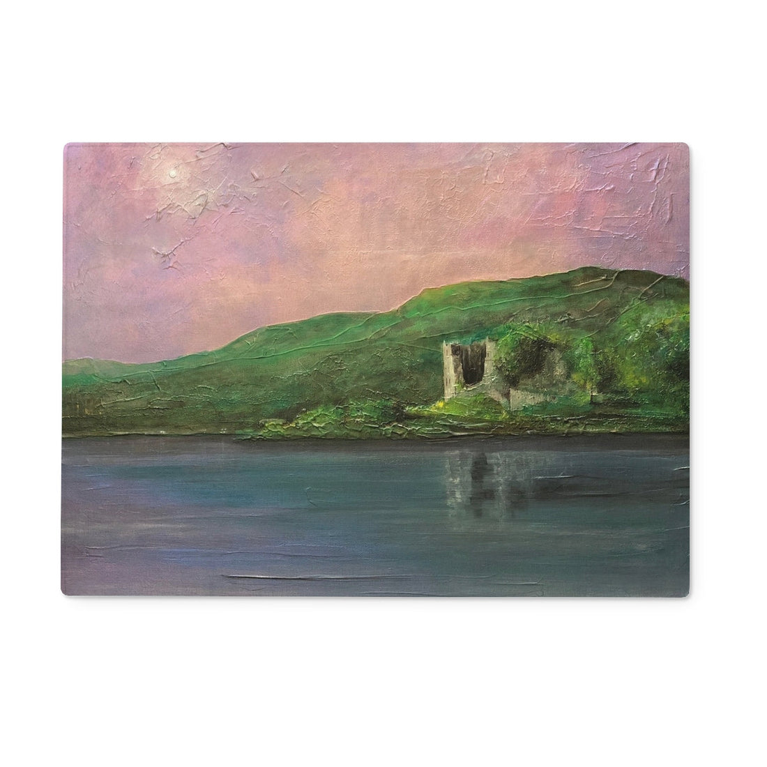 Old Castle Lachlan Art Gifts Glass Chopping Board | Historic &amp; Iconic Scotland Art Gallery | Paintings, Prints, Homeware and Art Gifts From Scotland By Scottish Artist Kevin Hunter