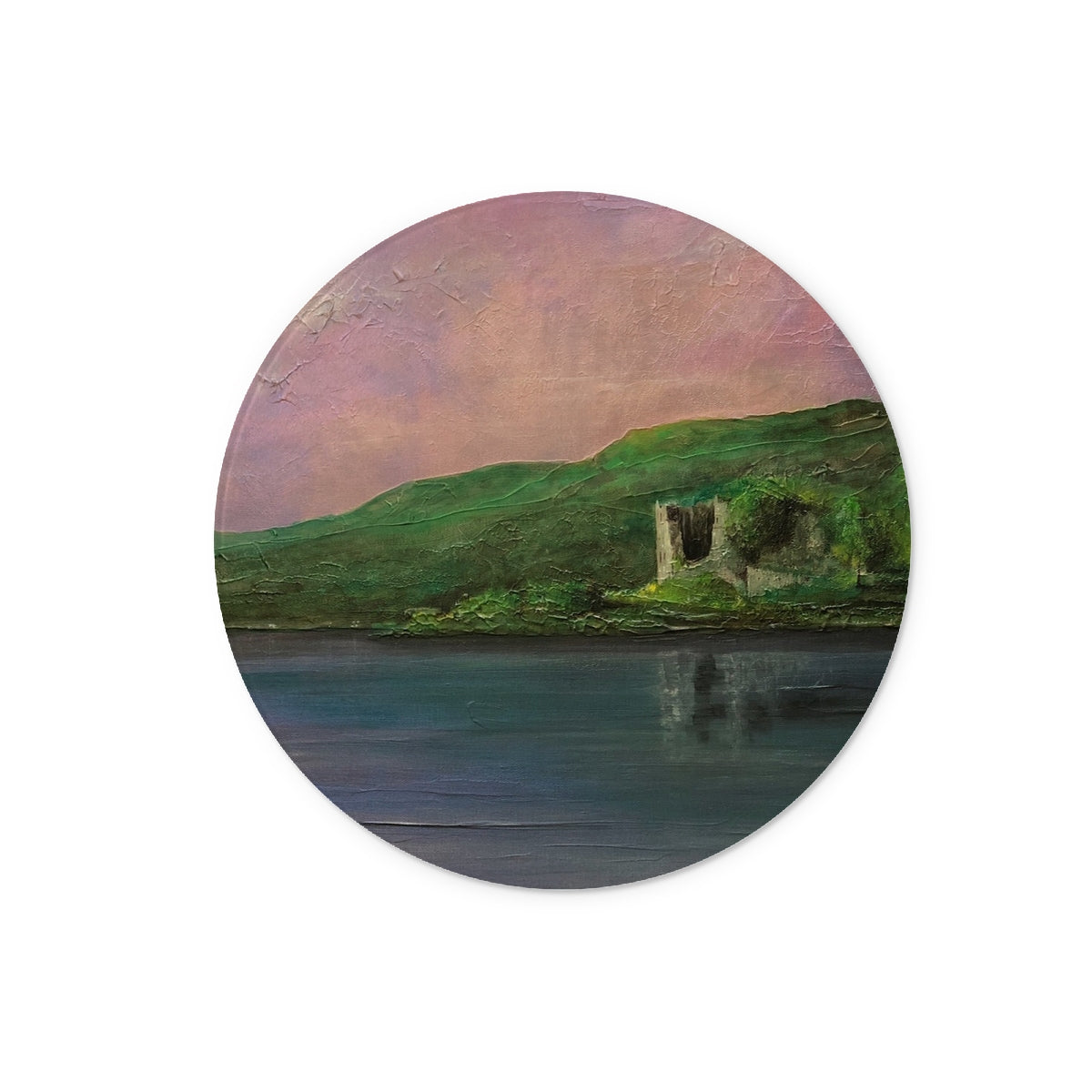 Old Castle Lachlan Art Gifts Glass Chopping Board-Glass Chopping Boards-Historic & Iconic Scotland Art Gallery-12" Round-Paintings, Prints, Homeware, Art Gifts From Scotland By Scottish Artist Kevin Hunter