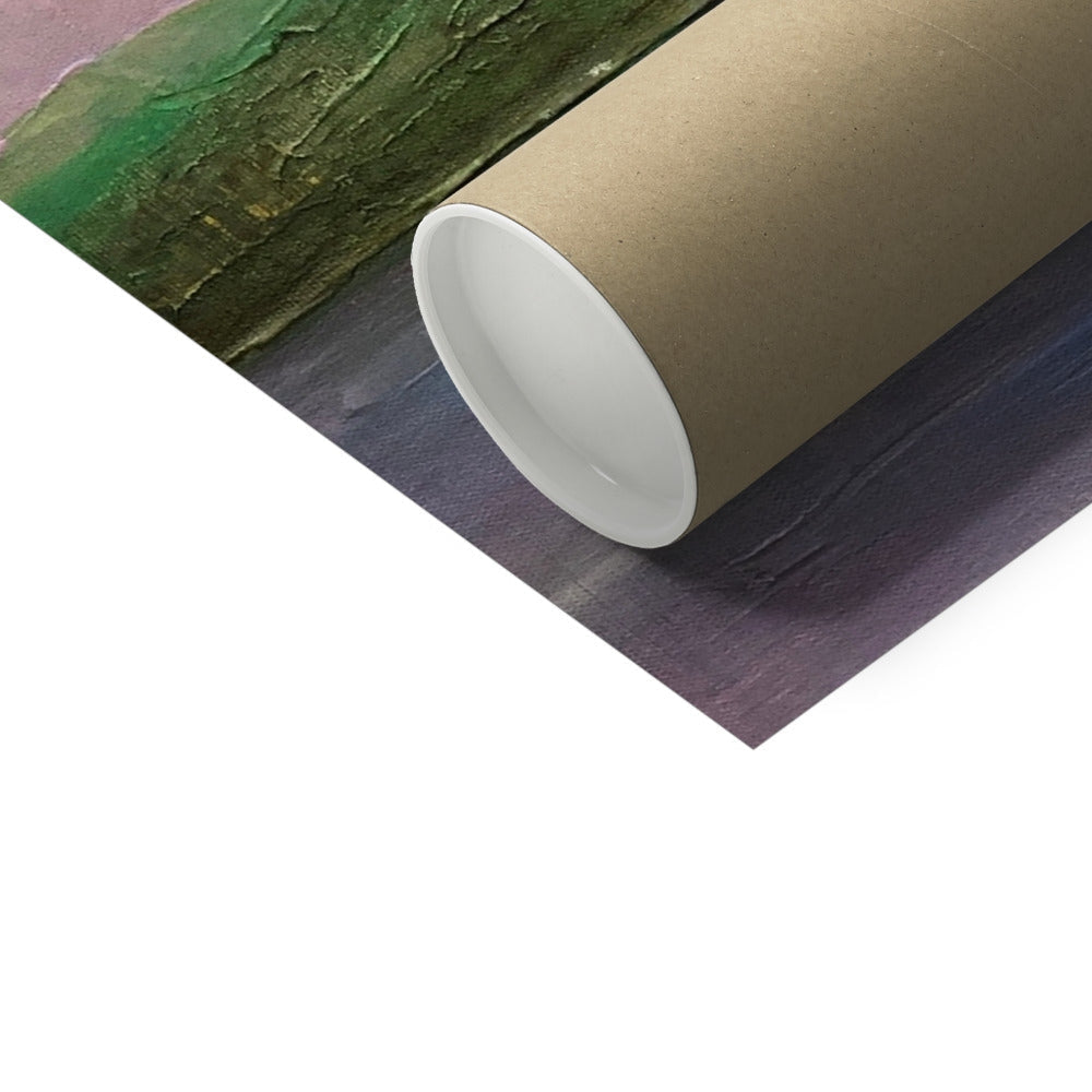Rolled-up poster in cardboard tube showing textured Old Castle Lachlan Artist Proof Collector Print with green, purple, and brown hues