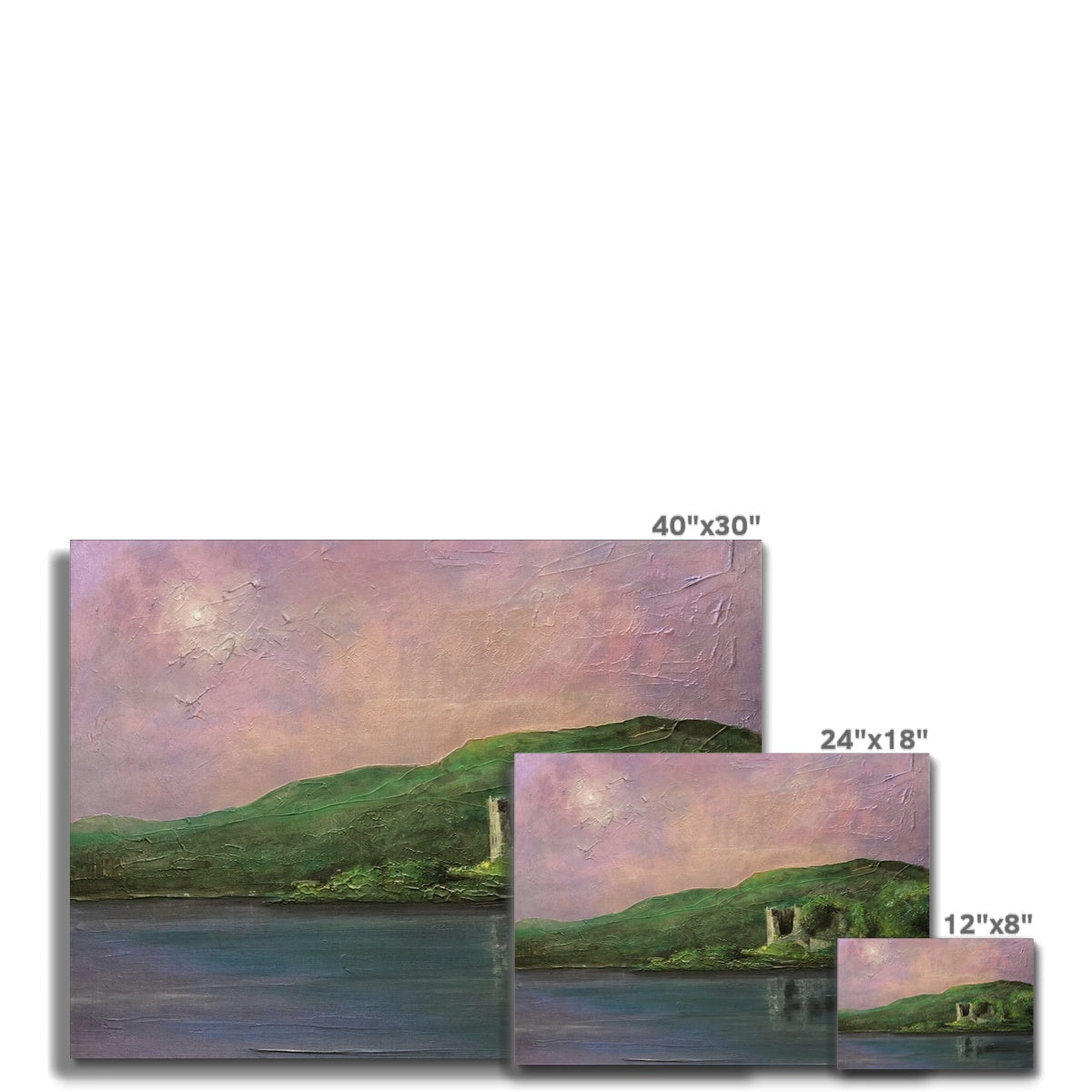 Three canvas prints of a landscape painting displayed in the Old Castle Lachlan Canvas product