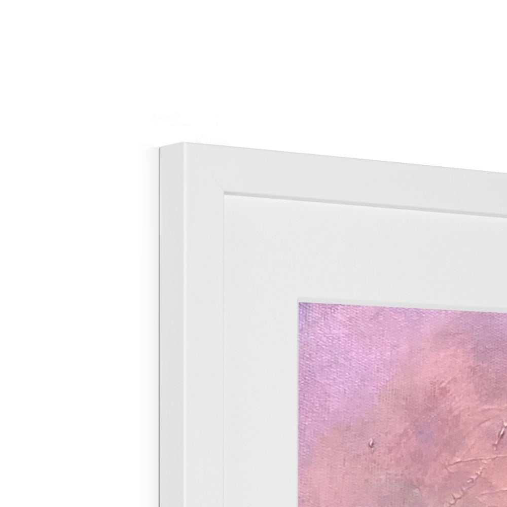 White picture frame with Pink and Purple abstract art print for Old Castle Lachlan Framed Print