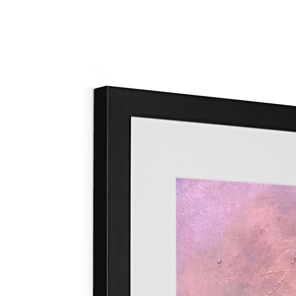 Black framed artwork with a white mat featuring a pink textured abstract painting for Old Castle Lachlan Print