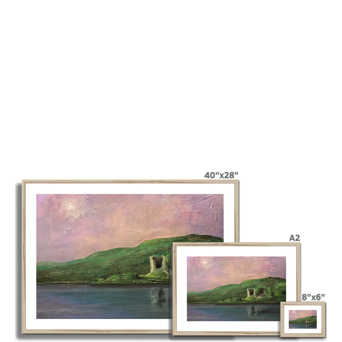 Three framed landscape paintings of varying sizes displayed with Old Castle Lachlan print
