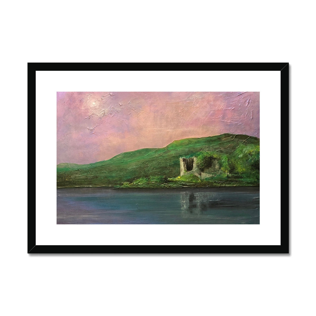Framed oil painting of a landscape with water, hills, and ancient ruins under a pink sky