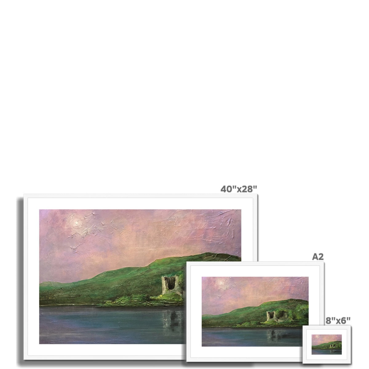 Three framed landscape prints displayed with the Old Castle Lachlan Framed and Mounted Print