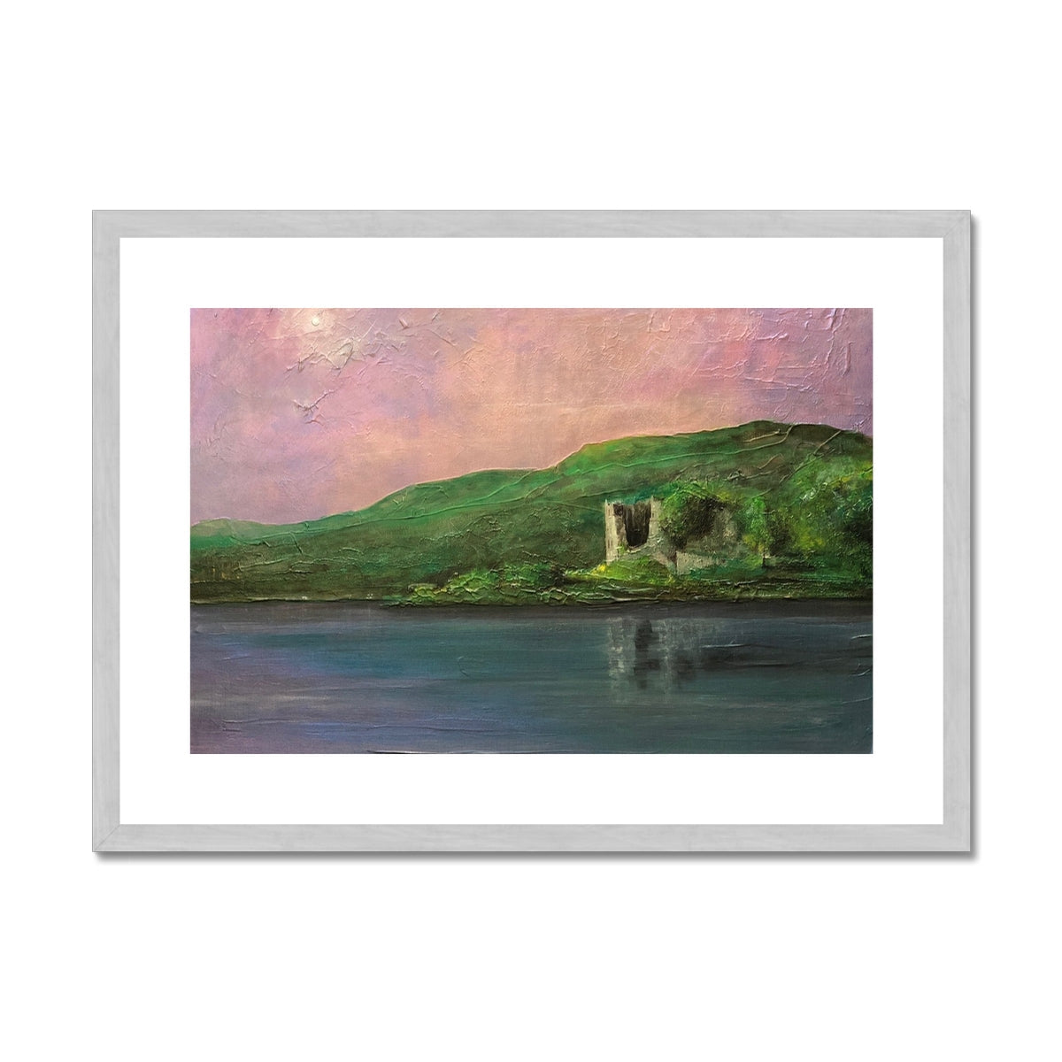 Old Castle Lachlan Painting | Antique Framed & Mounted Prints From Scotland-Antique Framed & Mounted Prints-Historic & Iconic Scotland Art Gallery-A2 Landscape-Silver Frame-Paintings, Prints, Homeware, Art Gifts From Scotland By Scottish Artist Kevin Hunter