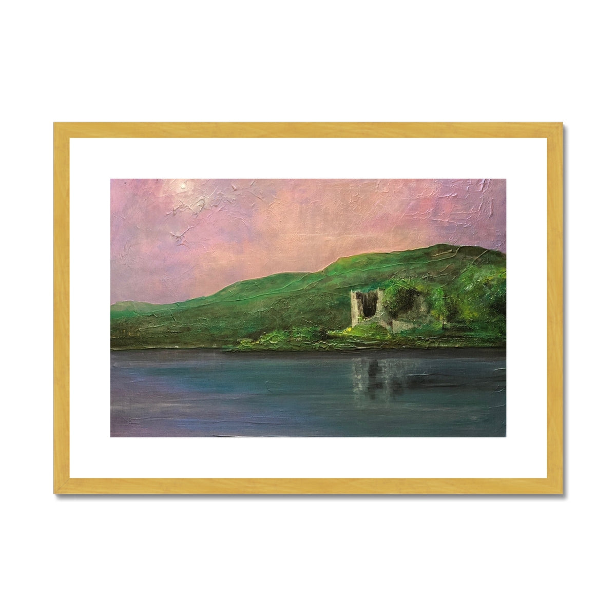 Old Castle Lachlan Painting | Antique Framed & Mounted Prints From Scotland-Antique Framed & Mounted Prints-Historic & Iconic Scotland Art Gallery-A2 Landscape-Gold Frame-Paintings, Prints, Homeware, Art Gifts From Scotland By Scottish Artist Kevin Hunter
