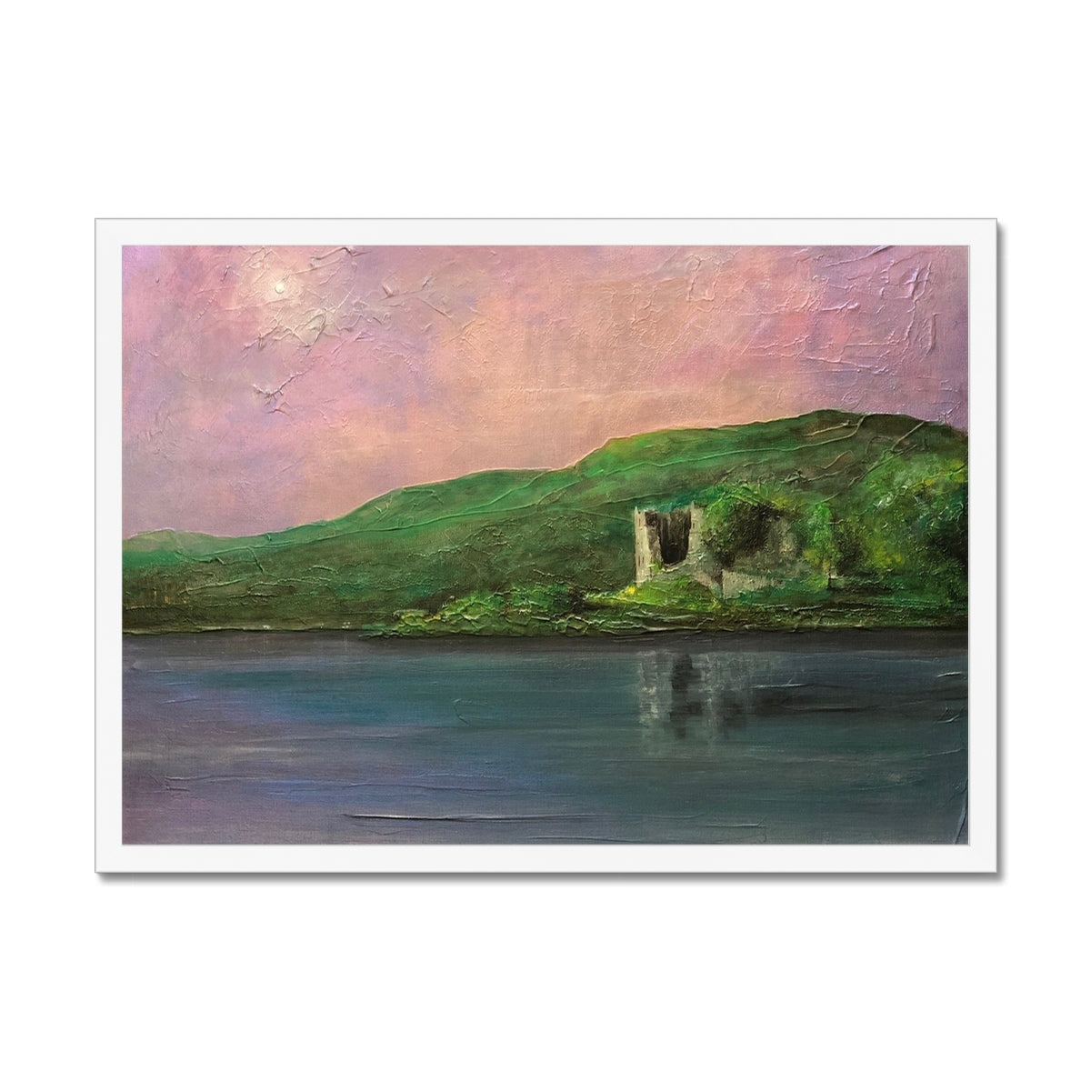 Old Castle Lachlan Painting | Framed Prints From Scotland-Framed Prints-Historic & Iconic Scotland Art Gallery-A2 Landscape-White Frame-Paintings, Prints, Homeware, Art Gifts From Scotland By Scottish Artist Kevin Hunter