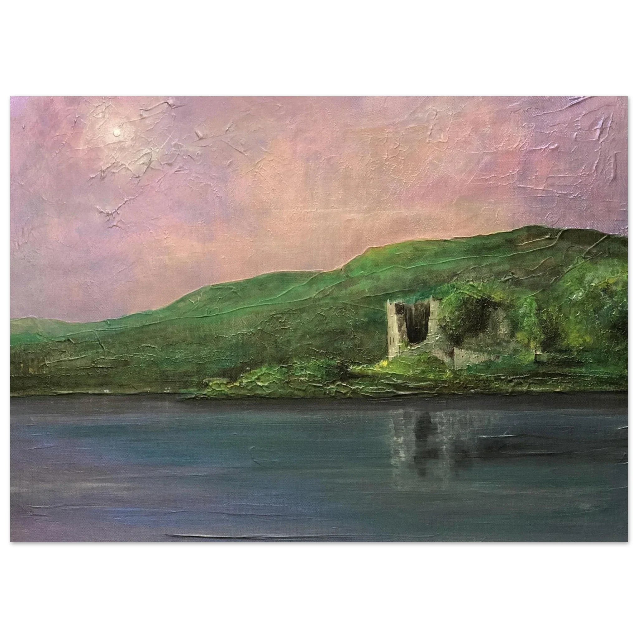 Serene twilight landscape of Old Castle Lachlan in Scotland, oil painting