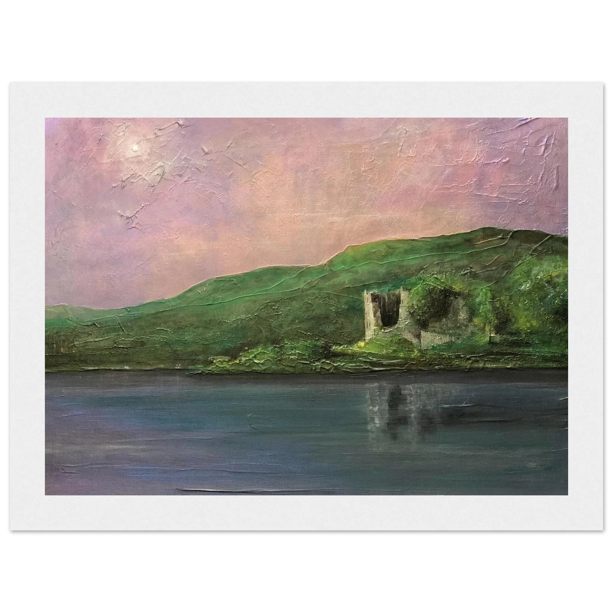 Old Castle Lachlan oil painting: serene Scottish hills, ivy ruins, calm water