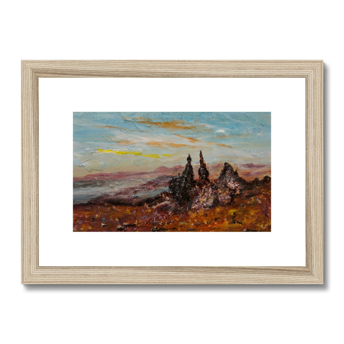 Wooden-framed Old Man of Storr landscape print in autumn hues