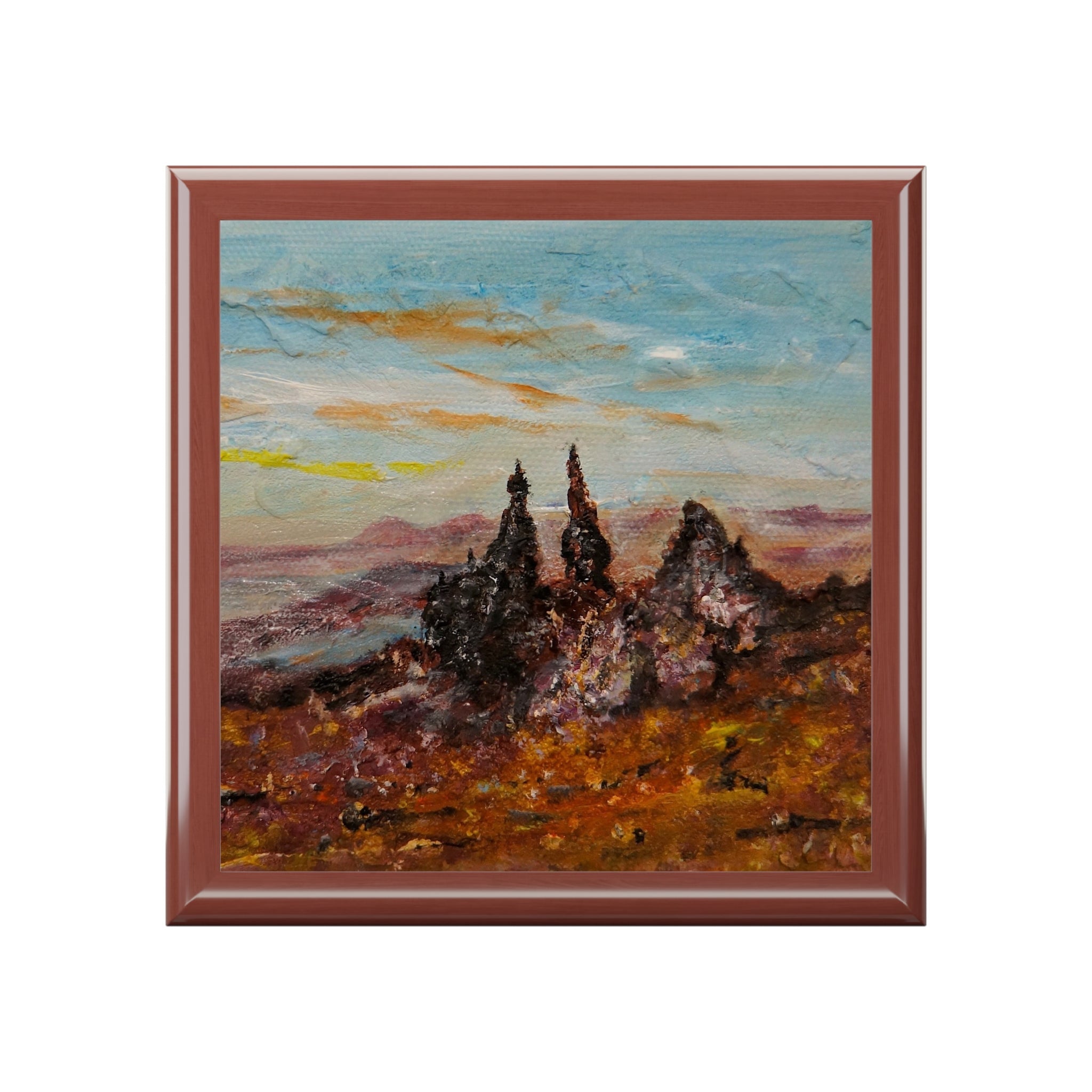 Expressive oil painting of rugged Storr Skye landscape with towering rocks and vivid sky