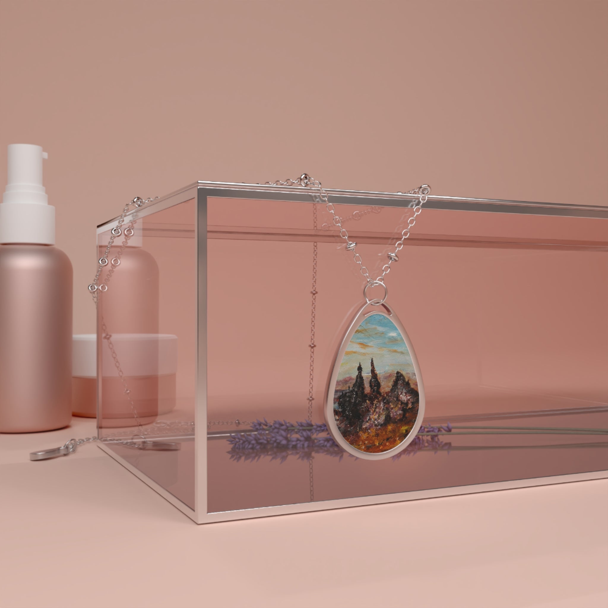Teardrop-shaped pendant with landscape painting on silver chain from The Old Man Of Storr Skye necklace