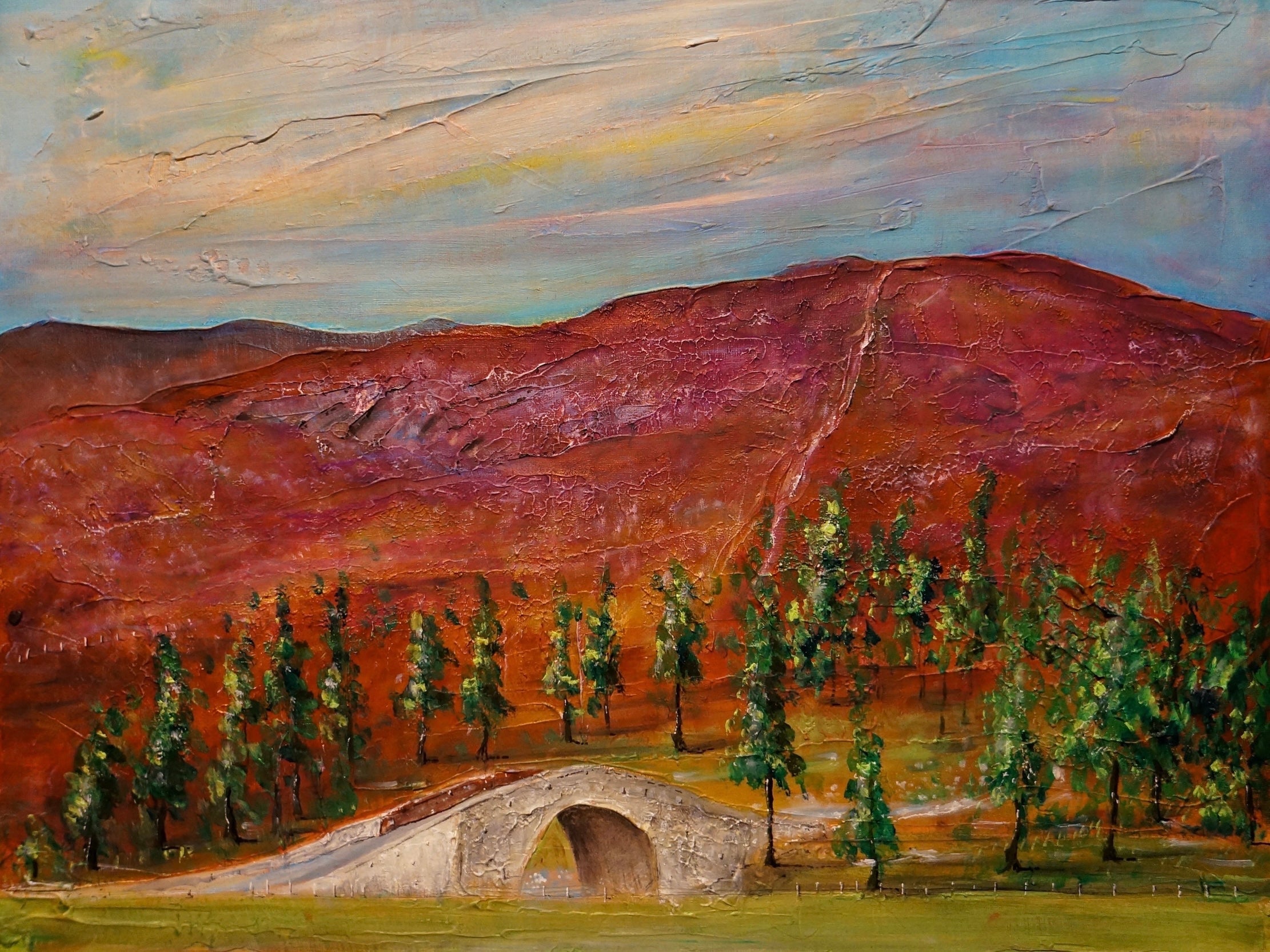 Rustic stone bridge over tranquil stream in The Old Military Bridge Ballater Original Painting