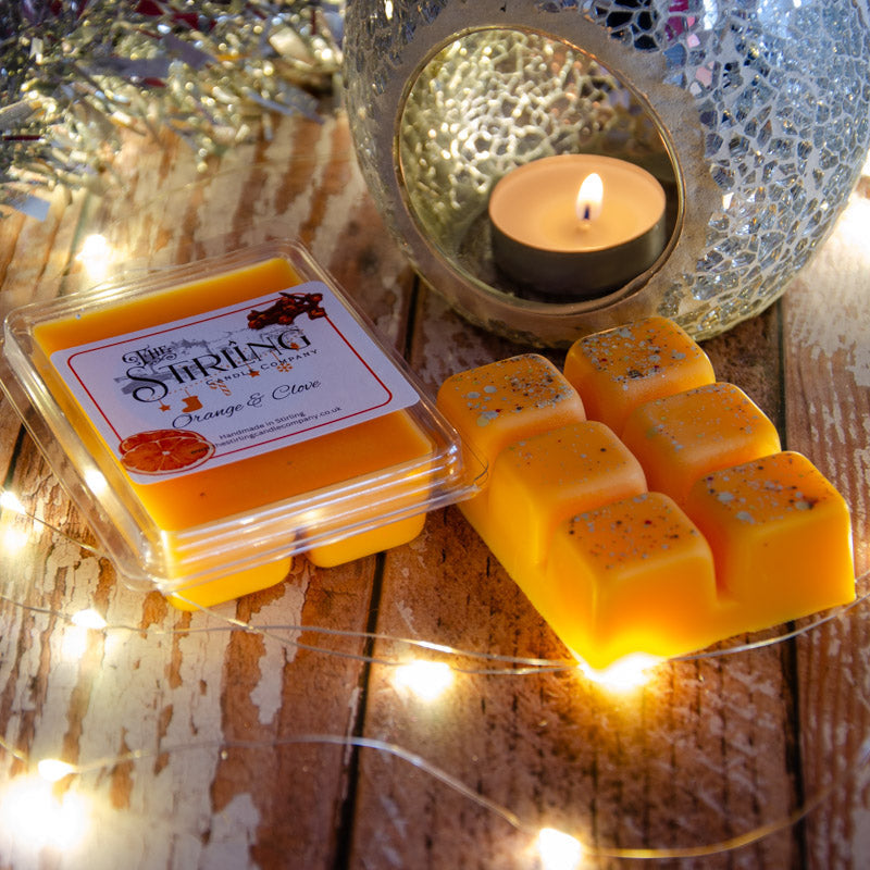 Orange & Clove wax melt clamshell by The Shiring Candle Company with glitter