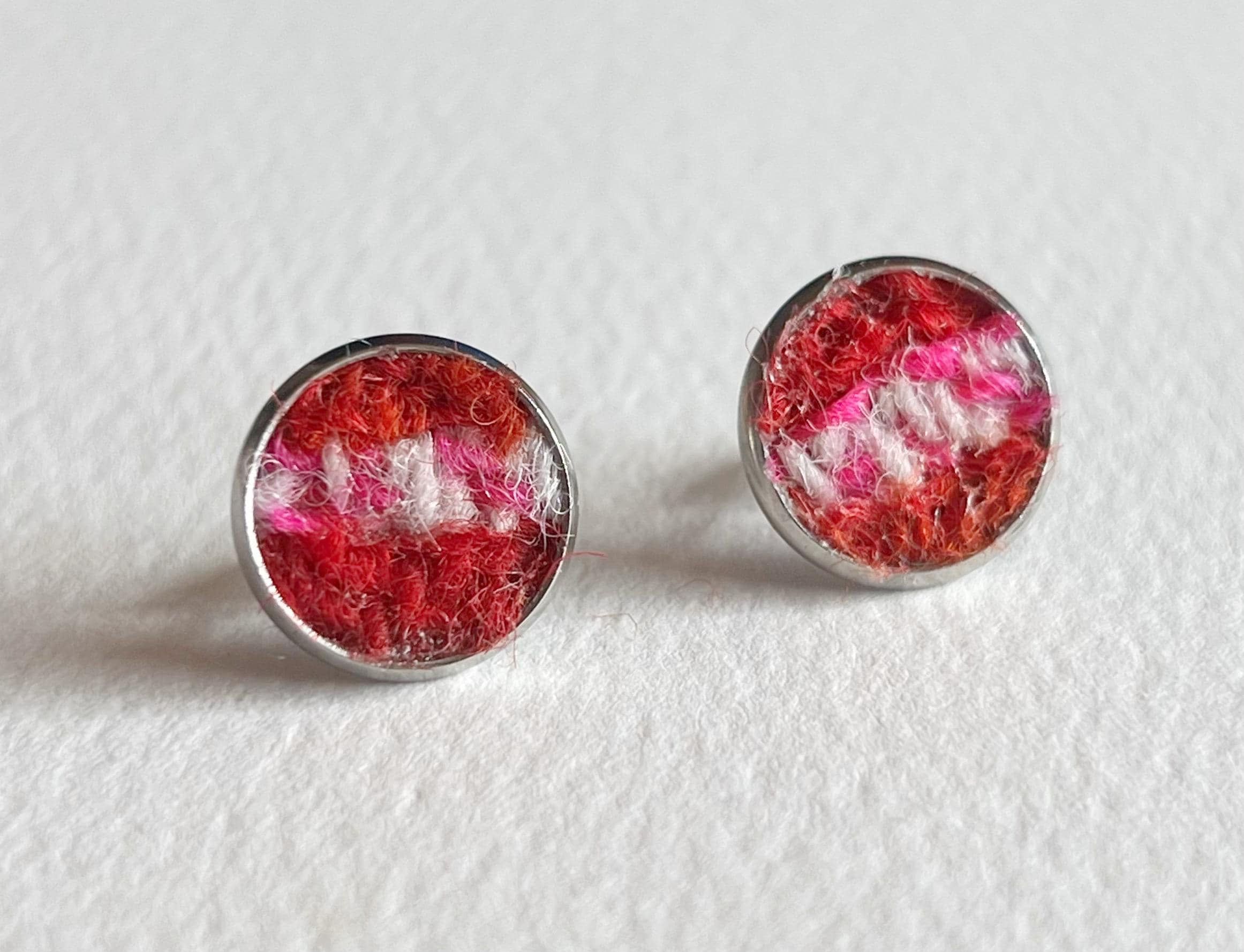 Orange and Pink Harris Tweed Patchwork Stud Earrings with red, pink, and white fabric inserts