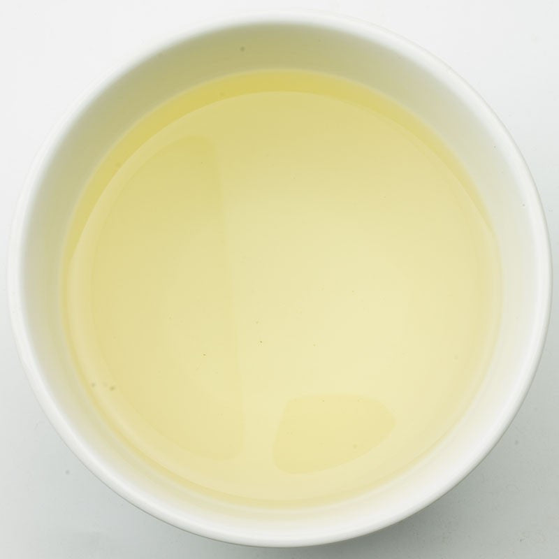 A white ceramic bowl filled with pale yellow pai mu dan white tea liquid